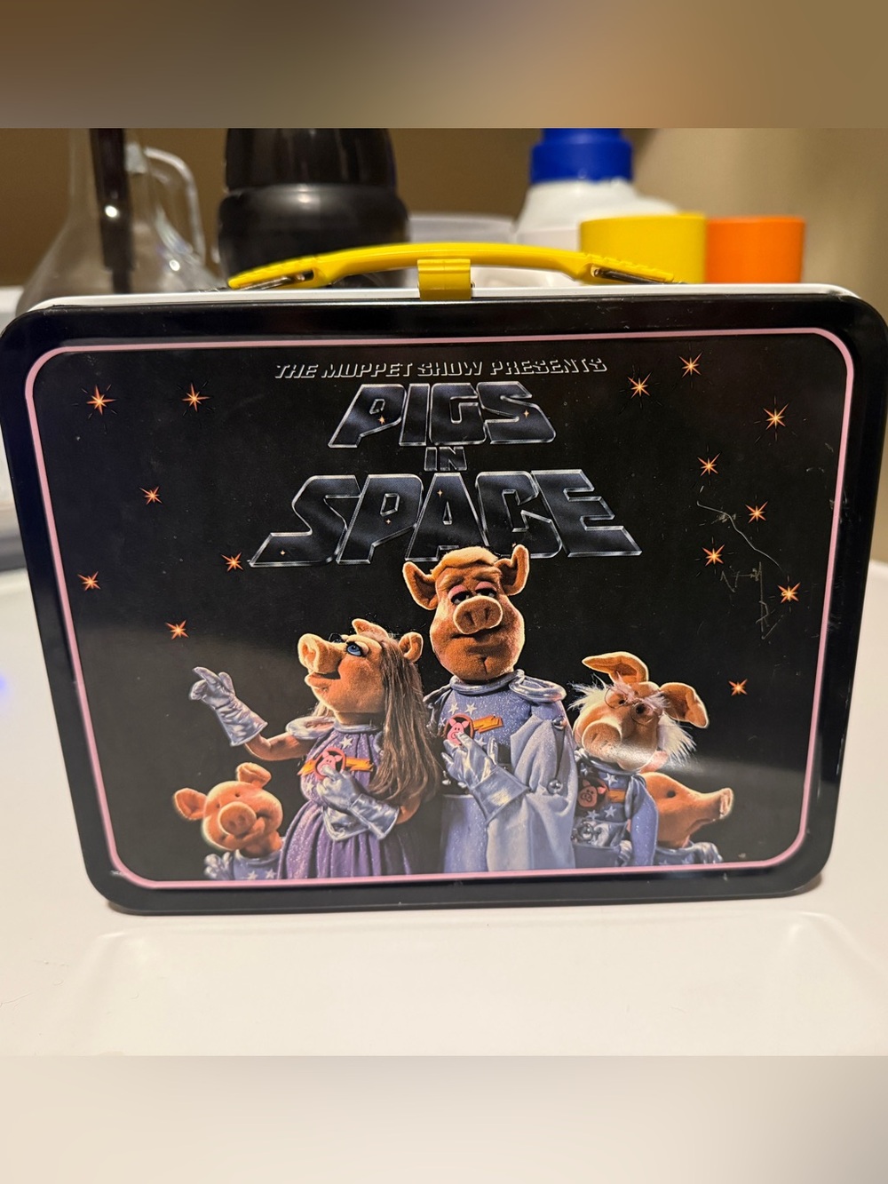 Vintage 1977 Pigs in Space Kids Metal Lunchbox - Black with Yellow Handle